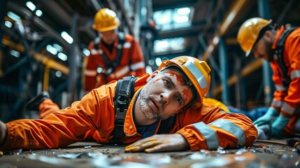 A worker lies injured on the ground while colleagues rush to provide assistance in a bustling industrial environment