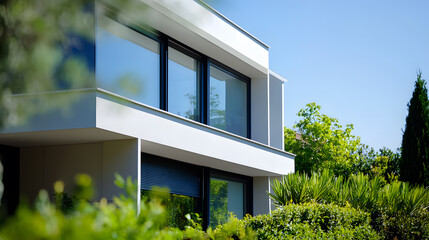 Beautiful modern house with large windows. Minimalist architecture with clean lines and a contemporary design