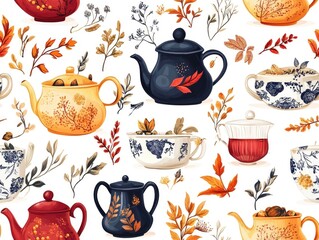 Cozy and calming seamless pattern featuring steaming teapots and teacups adorned with an assortment of autumnal herbs creating a warm and inviting atmosphere for a tranquil and relaxing autumn day