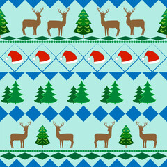 Colorful deer and trees on blue pattern