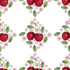 red cherry fruit seamless pattern with flower, leaf illustration on transparent background for wallpaper, fabric design, textile, etc