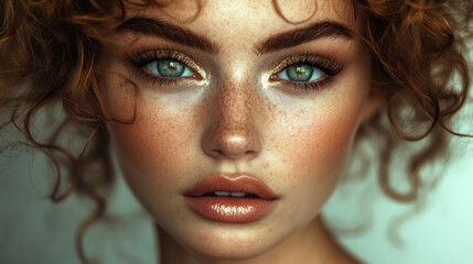 Fototapeta premium Stunning model with curly hair, natural blue-green eyes, and a captivating stare. Winged eyeliner, lush shimmering lipstick enhance her look. Background is natural and serene.