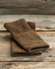 Close-up of woolen socks placed on a weathered wooden table cozy winter apparel