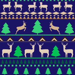 Colorful deer and trees on blue pattern