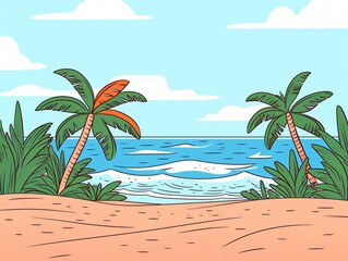Exotic beach with ocean wave. Minimal Illustration