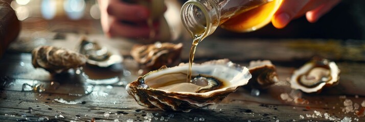 Irish sailor tradition of pairing oysters with whiskey, pouring whiskey into an oyster shell on a rustic wooden table.