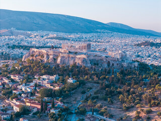 Greece athens aerial photo acropolis tourist destination with sunset colors