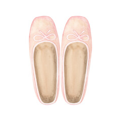 a pair of pink ballet shoes, perfomed in 6 position,