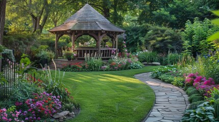 A serene garden featuring a gazebo surrounded by vibrant flowers and a winding stone path.