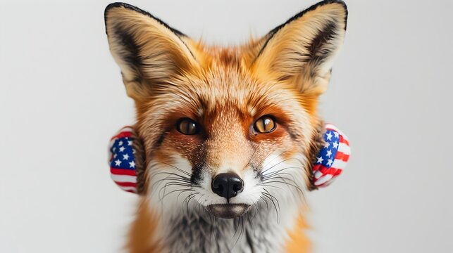 Playful Patriotic Fox with American Star Earmuffs in Minimal Portrait