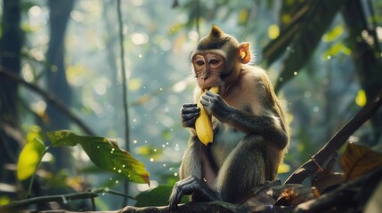 Fototapeta premium Cute monkey eating banana fruit in forest