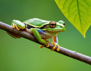 Naklejka premium Flying frog sitting on body, beautiful tree frog on branch, rachophorus reinwardtii, Javan tree frog. Ai generated image.