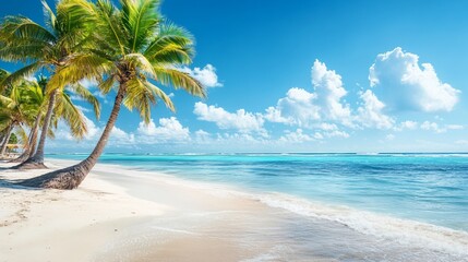 Obraz premium Tropical Beach with Palm Trees and Clear Sky