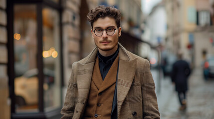  The image shows a European man around 30 years old, dressed in a stylish coat, standing on a city street