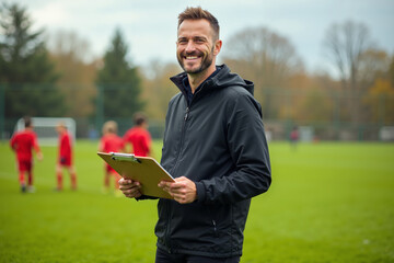 photo of coach instructor trainer teaching teenage player at soccer field, generative AI
