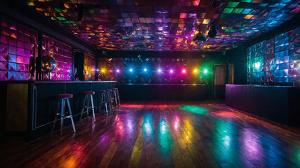 Vibrant and colorful nightclub interior with disco balls, lights and a dance floor, ready for a party.