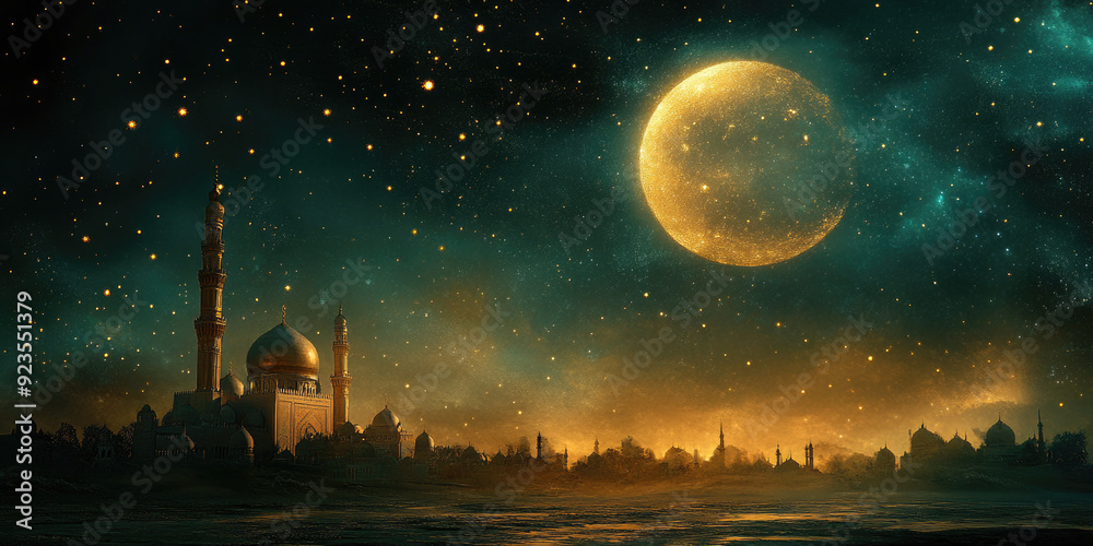 Wall mural Majestic mosque is standing out in a desert city under the magical light of a full moon. Creating a spiritual atmosphere for the celebration of mawlid al-nabi. The birthday of the prophet muhammad