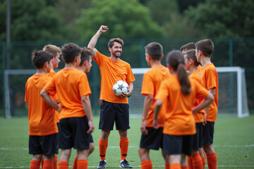 Obraz premium photo of coach instructor trainer teaching teenage player at soccer field, generative AI