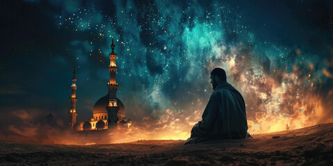 Muslim man prays in the desert under a starry sky, with a mosque in the background, radiating peace and hope. The image captures faith and devotion. Ramadan. Mawlid al Nabi