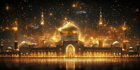 Beautiful mosque is illuminated at night with golden lights and arabic script celebrating the prophet muhammad's birthday. This design is perfect for mawlid al nabi celebrations. Banner. Copy space