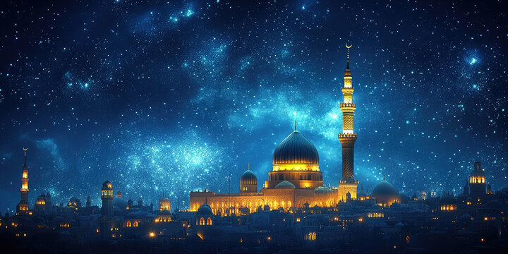 Beautiful mosque illuminated at night with a starry sky in the background, celebrating the birth of the prophet Muhammad. This design is perfect for mawlid al nabi celebrations. Banner. Copy space