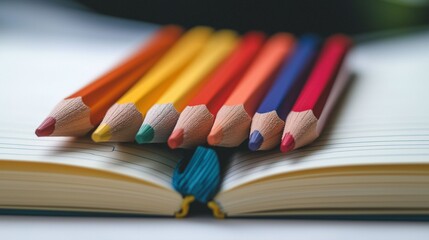 Fototapeta premium Close-up of colorful pencils placed on a notebook.