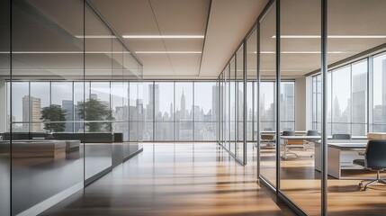A sleek, empty office space with glass walls overlooking a stunning city skyline at sunrise.