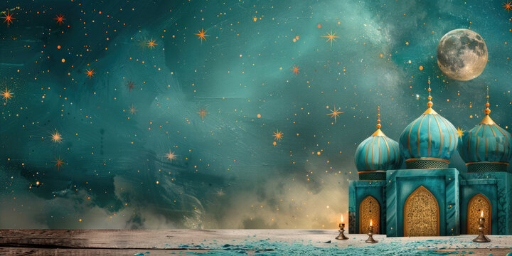 Beautiful mosque illuminated at night with a starry sky in the background, celebrating the birth of the prophet Muhammad. This design is perfect for mawlid al nabi celebrations. Banner. Copy space