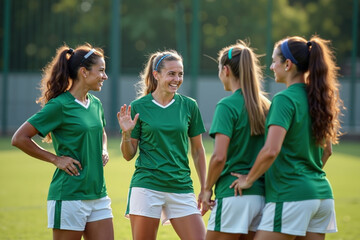 photo of teenage youth soccer player discussing to group at soccer field, generative AI