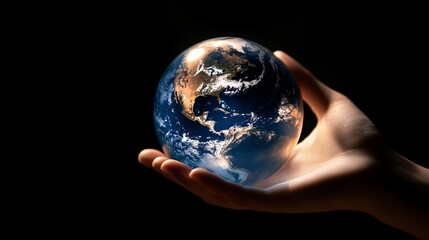 Hand Holding Globe Against Dark Background