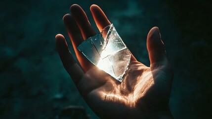 Hand Holding Broken Mirror Piece, Symbolizing Self-Reflection and Vulnerability with Dramatic Lighting