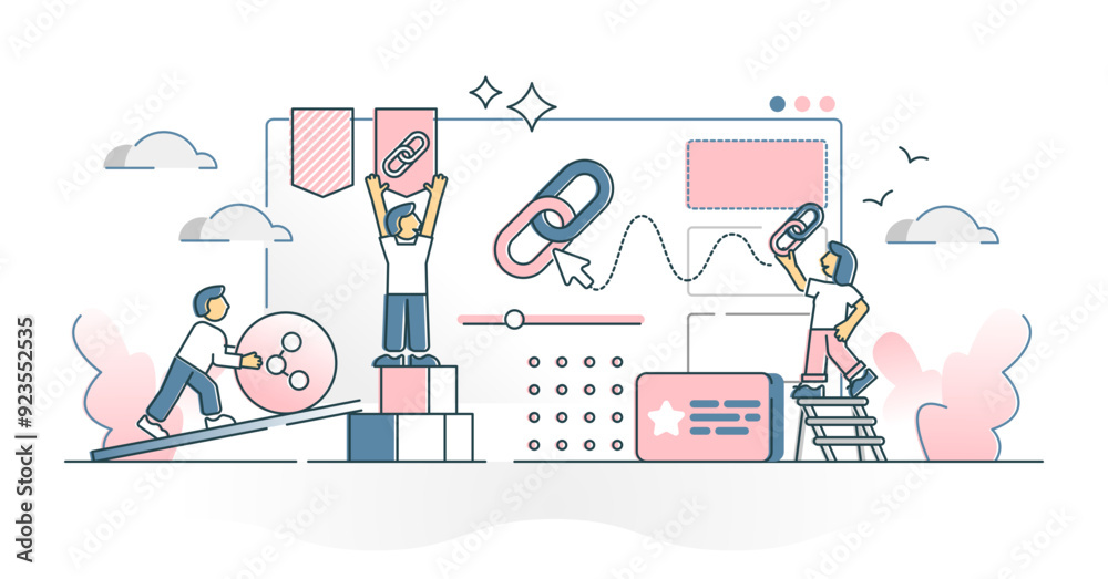 Wall mural link building as connect or share website content information outline concept, transparent backgroun