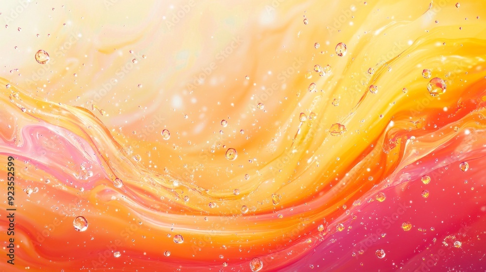 Poster dynamic waves of orange and pink blend seamlessly, adorned with sparkling droplets, evoking a sense 