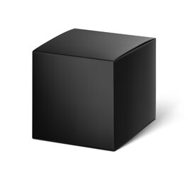 Realistic black paperboard box mockup. Vector illustration isolated on white background. Half side view. Can be use for food, cosmetic, pharmacy, sport and etc. Ready for your design. EPS10.
