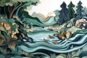 Beautiful paper cut art of a serene forest stream with ducks and lush greenery, capturing the essence of nature's tranquility.