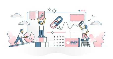 Link building as connect or share website content information outline concept, transparent background. Embed home page info and obtain data with backlink technology illustration.