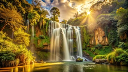 Naklejka premium Majestic waterfall in Eldorado, surrounded by golden hues and lush greenery, Eldorado, golden, waterfall, nature, lush
