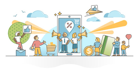 Refferal marketing as brand influencer recommendation advice outline concept, transparent background. Product popularity spreading in social media illustration. Mouth to mouth advertisement strategy.