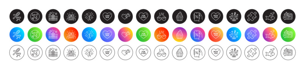 Love her, Miss you and Airplane mode line icons. Round icon gradient buttons. Pack of Hotel, Sunglasses, Gps icon. Cupcake, Fish grill, Fish pictogram. Vector