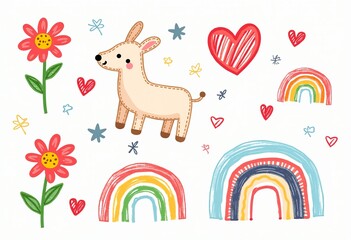 Obraz premium Whimsical Kids Doodle Graphics: Flowers, Hearts, and Rainbows - Perfect for Children's Book Illustrations 