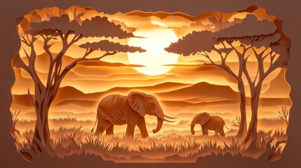 Obraz premium Beautiful paper-cut art of elephants walking under African sunset, surrounded by acacia trees with mountains in the background.