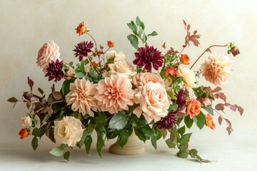 Peach and Burgundy Floral Arrangement in a White Vase