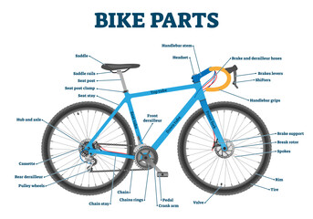 Bike parts labeled illustration diagram, transparent background. Bicycle equipment elements scheme. Sports repair shop information poster. Tubes structure connected with wheels, pedals.