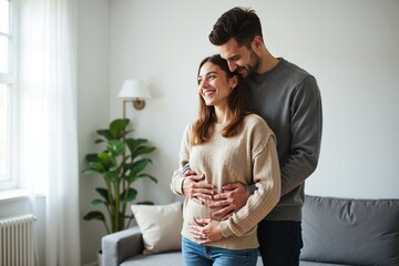 Fototapeta premium photo of couple man and pregnant woman relaxing standing both hands touching her belly at house, generative AI