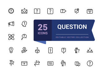 Simple set of question related line icons. Contains such icons as question mark and more. Pixel perfect, minimalistic web and UI icon. Outline icon collections.