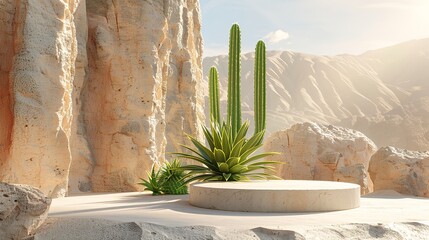 A 3D rendering of a podium with a cactus product background and a desert display platform.