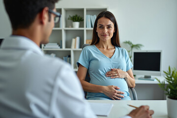 Obraz premium photo of pregnant woman with her doctor happy discussing at room in clinic hospital, generative AI