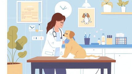 A veterinarian gently checks a golden retriever in a cheerful, well-lit clinic setting