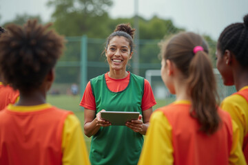 photo of woman coach instructor trainer teaching teenage player at soccer field, generative AI