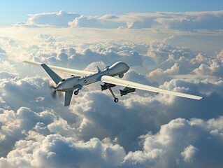 Military drone preparing for takeoff on an airfield under cloudy skies in the afternoon